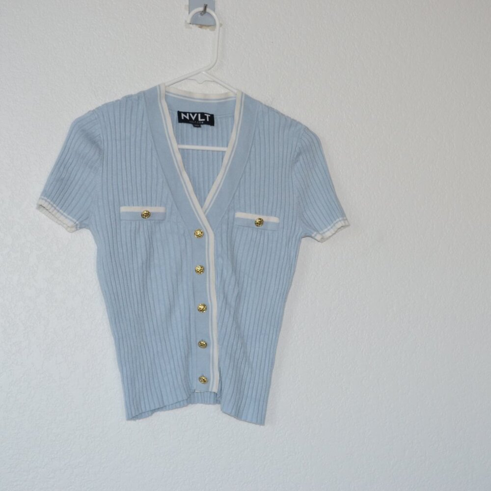 NVLT Stripe Short Sleeve Crop Cardigan – Size Small – Good Condition